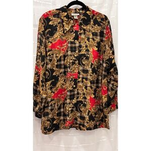 VTG The Avenue Silk Baroque Plaid Button‎ Down Shirt Red Gold Black Womens 14/16